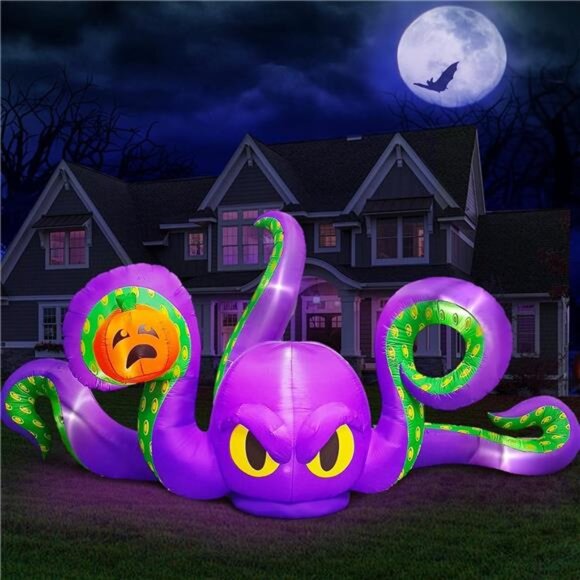 12Ft Halloween Inflatables Giant Octopus Purple Sticky Pumpkin LED Light Blow - Picture 1 of 7